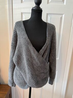 Urban Outfitters Heather Gray Fuzzy Wrap V-Neck Sweater